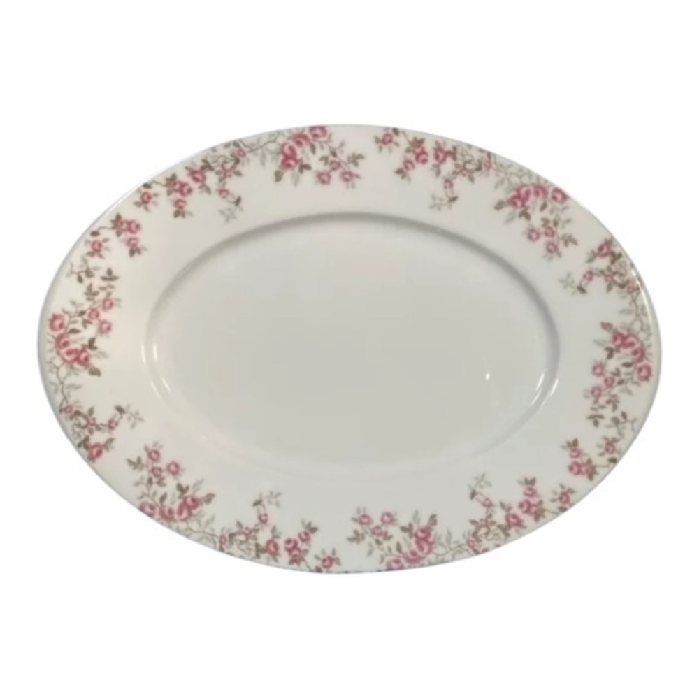 Vintage SANGO Pink Rose SOMERSET Oval Serving Platter PLATINUM Trim JAPAN 14 1/8